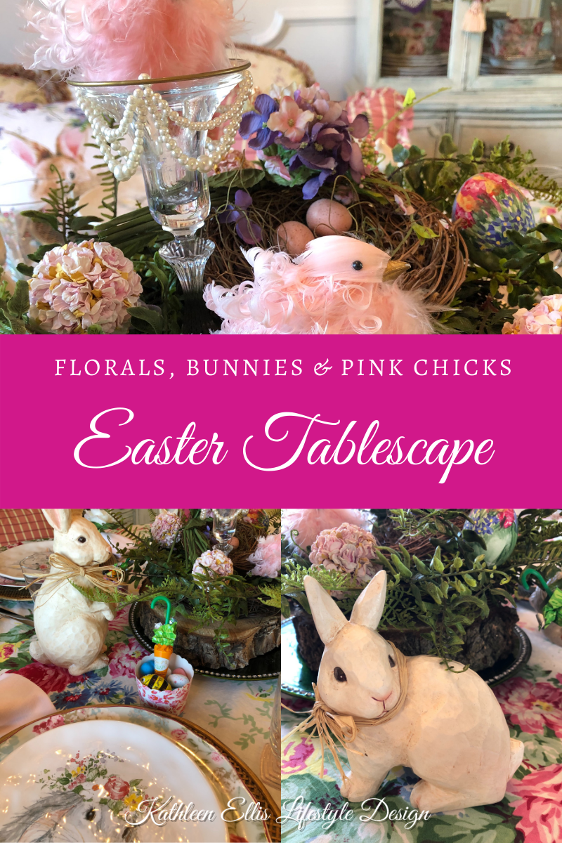 Title of the blog post showing various tablescape images for easter, including greenery, bunnies, and pink chicks.